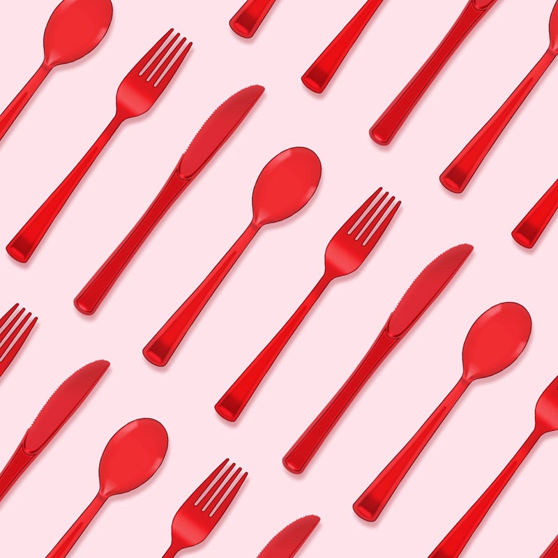 JSQBSECL 150 Pack Plastic Silverware Disposable Cutlery Set Heavy Duty Utensil Sets 50 Forks 50 Knives 50 Spoons for Brithday  Wedding Home Office School Party Picnics (Red Clear) - Image 4