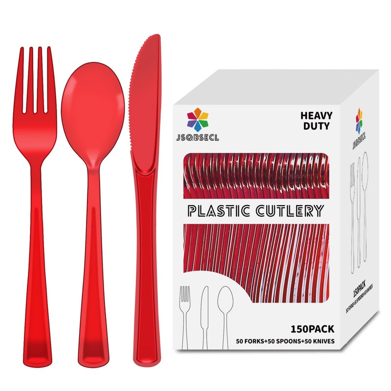 JSQBSECL 150 Pack Plastic Silverware Disposable Cutlery Set Heavy Duty Utensil Sets 50 Forks 50 Knives 50 Spoons for Brithday  Wedding Home Office School Party Picnics (Red Clear) - Image 1