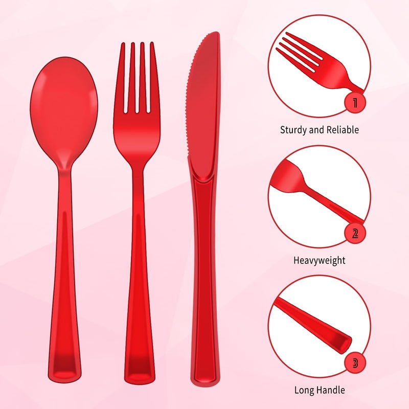 JSQBSECL 150 Pack Plastic Silverware Disposable Cutlery Set Heavy Duty Utensil Sets 50 Forks 50 Knives 50 Spoons for Brithday  Wedding Home Office School Party Picnics (Red Clear) - Image 3
