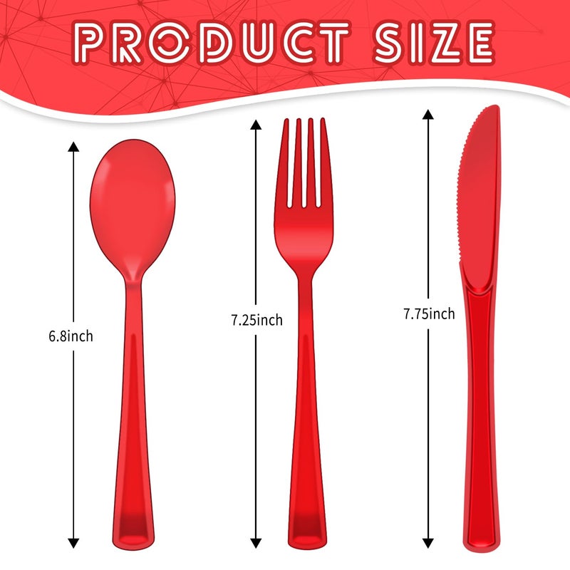 JSQBSECL 150 Pack Plastic Silverware Disposable Cutlery Set Heavy Duty Utensil Sets 50 Forks 50 Knives 50 Spoons for Brithday  Wedding Home Office School Party Picnics (Red Clear) - Image 2