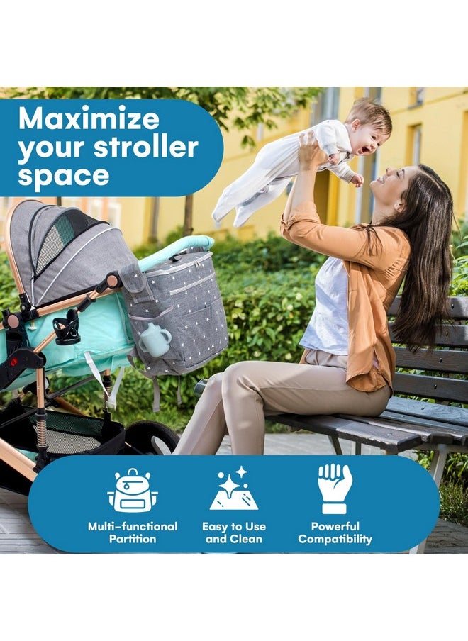 Enovoe Enovoe Stroller Organizer Bag - Rectangular Removable w/ Spacious Pockets - Big Size Grey Oxford Waterproof Fabric w/ White Stars - Easy Installation - 2-in-1 Stroller Baby Diaper Bag - Grey  - Image 1