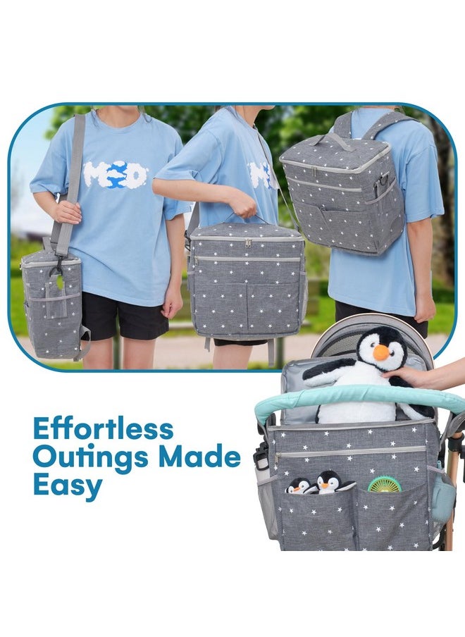Enovoe Enovoe Stroller Organizer Bag - Rectangular Removable w/ Spacious Pockets - Big Size Grey Oxford Waterproof Fabric w/ White Stars - Easy Installation - 2-in-1 Stroller Baby Diaper Bag - Grey  - Image 4