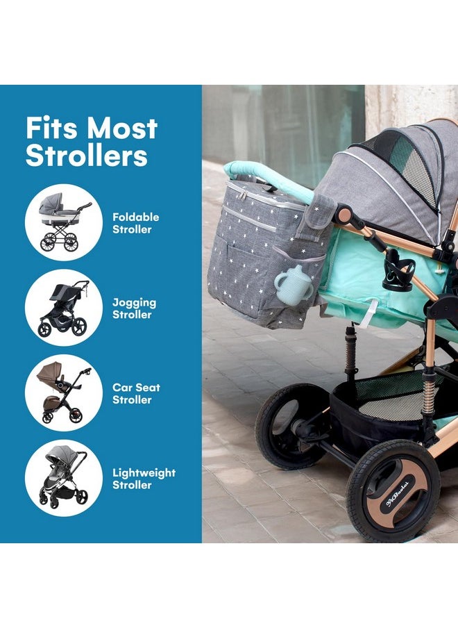 Enovoe Enovoe Stroller Organizer Bag - Rectangular Removable w/ Spacious Pockets - Big Size Grey Oxford Waterproof Fabric w/ White Stars - Easy Installation - 2-in-1 Stroller Baby Diaper Bag - Grey  - Image 3