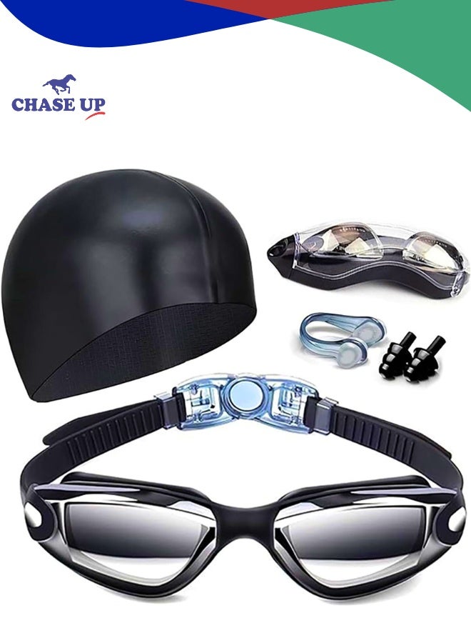 تشيس اب مجموعة نظارات السباحة وقبعة السباحة للبالغين، نظارات سباحة للحماية من الأشعة فوق البنفسجية وقبعة سباحة من السيليكون المقاوم للماء مع مشبك أنف وسدادات أذن (أزرق، أسود، وردي) - Image 1