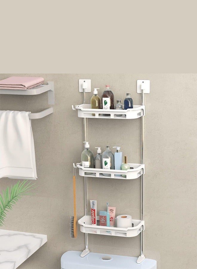RACK STORE 3-Tier Toilet Tank Top Caddy White Plastic Short Metal Wall Mount Bathroom Organizer Stainless Steel Pipe Tension Rod Shelf Bathroom And Kitchen Sink Top Storage Rack With Supporting Feet - Image 1