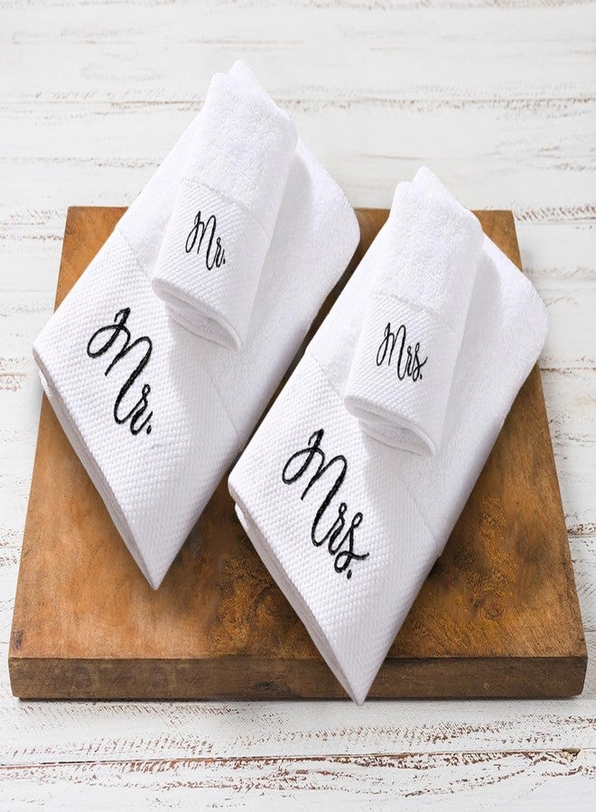 RUBBER BOND Mr and Mrs Towels Set with Gift Box - 4 Pack Bath and Hand Towels - Cotton Towels Set - Wedding, Honeymoon Gifts for The Couples - White Bathroom Towel Set with Black Embroidery - Image 4