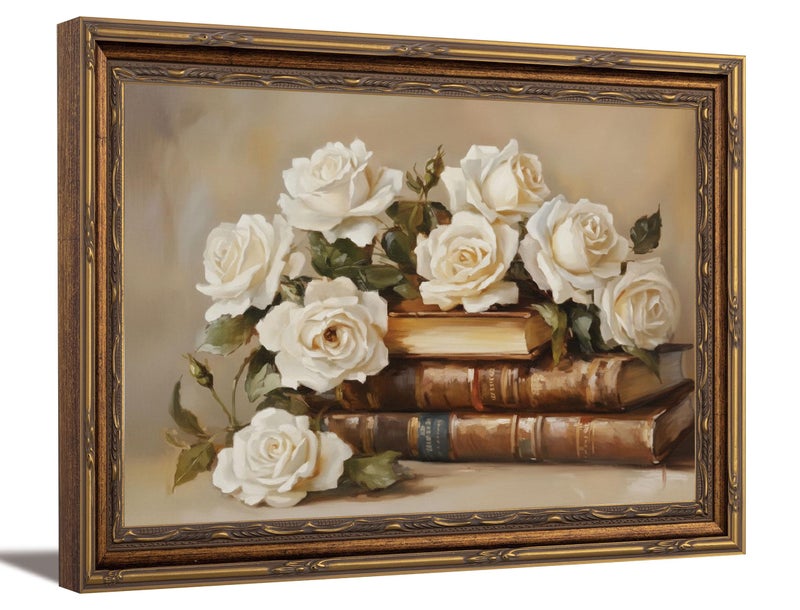 MHYIDUT Vintage Gold Framed Books And Flowers Canvas Wall Art Antique White Rose Floral Wall Decor Picture Moody Dark Academia Poster Print for Books Lovers Living Room And Bedroom Library Home Decorate - Image 1