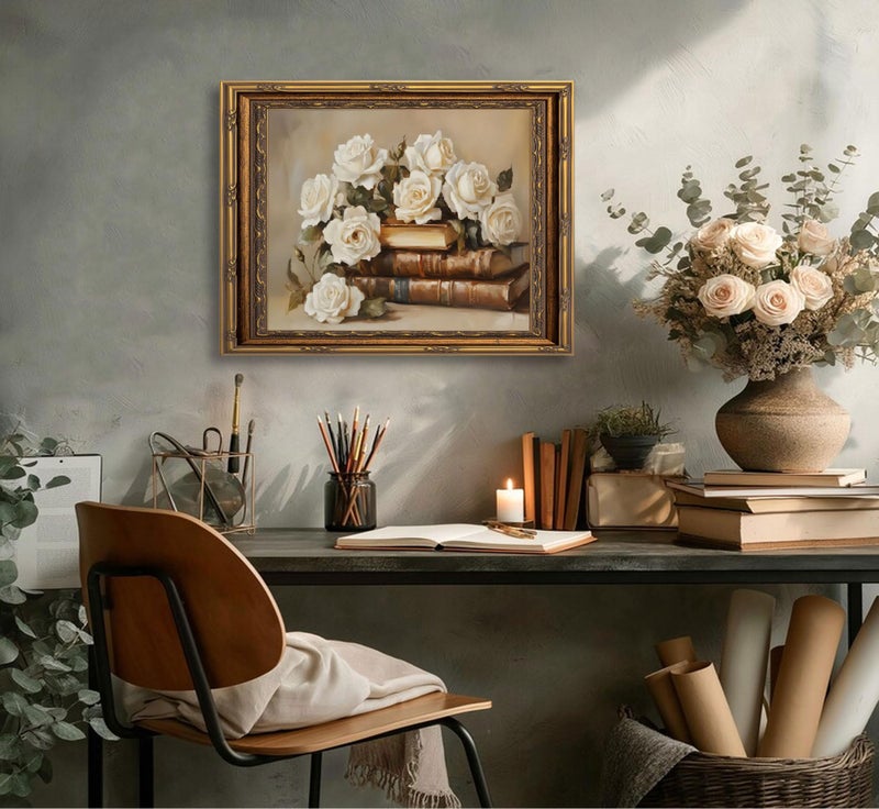 MHYIDUT Vintage Gold Framed Books And Flowers Canvas Wall Art Antique White Rose Floral Wall Decor Picture Moody Dark Academia Poster Print for Books Lovers Living Room And Bedroom Library Home Decorate - Image 2