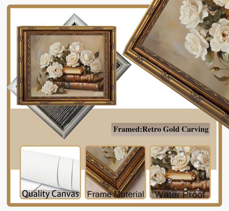MHYIDUT Vintage Gold Framed Books And Flowers Canvas Wall Art Antique White Rose Floral Wall Decor Picture Moody Dark Academia Poster Print for Books Lovers Living Room And Bedroom Library Home Decorate - Image 5