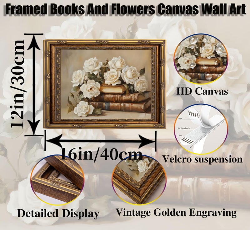 MHYIDUT Vintage Gold Framed Books And Flowers Canvas Wall Art Antique White Rose Floral Wall Decor Picture Moody Dark Academia Poster Print for Books Lovers Living Room And Bedroom Library Home Decorate - Image 3