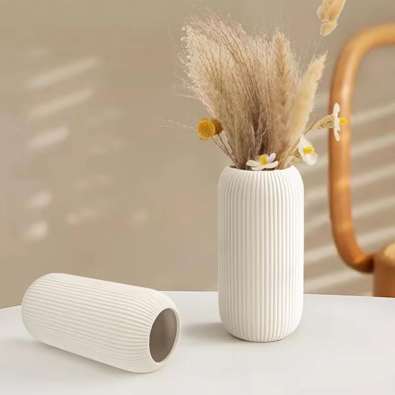 RIKBVOM Ceramic Vase for Flowers â€“ Modern Small Ribbed Textured Flower Vase for Home Decor, Pampas Grass, Decorative, Farmhouse, Coffee Table, Kitchen Centerpieces, Bookshelf and Home Living (White) - Image 3