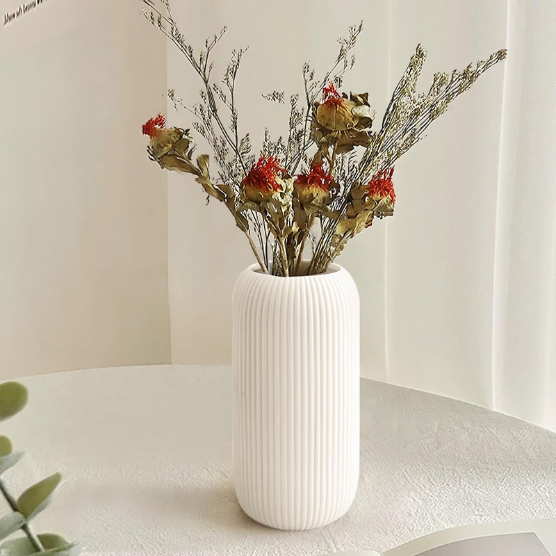 RIKBVOM Ceramic Vase for Flowers â€“ Modern Small Ribbed Textured Flower Vase for Home Decor, Pampas Grass, Decorative, Farmhouse, Coffee Table, Kitchen Centerpieces, Bookshelf and Home Living (White) - Image 2