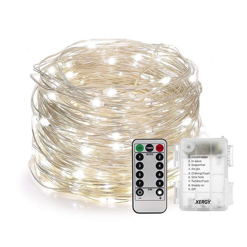XERGY 100 Led Battery Box&Remote&8 Mode Functions Silver Wire Led Christmas Nye Decoration Fairy String Lights (Cool White) ,10 meters - Image 3
