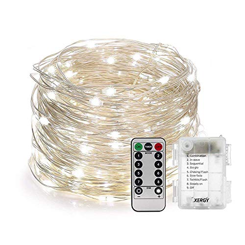 XERGY 100 Led Battery Box&Remote&8 Mode Functions Silver Wire Led Christmas Nye Decoration Fairy String Lights (Cool White) ,10 meters - Image 1