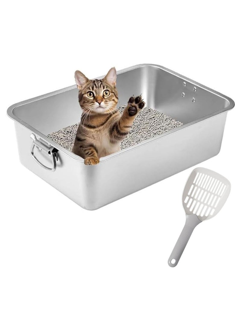 Generic Stainless Stainless Cat Litter Box, Large Cat Litter Box, Indoor Pet Toilet Supplies for Kitten, Rabbit, Non Stick, No Smell, Easy to Clean (Handle, 23.5 * 15.8 * 5.9in)  - Image 2