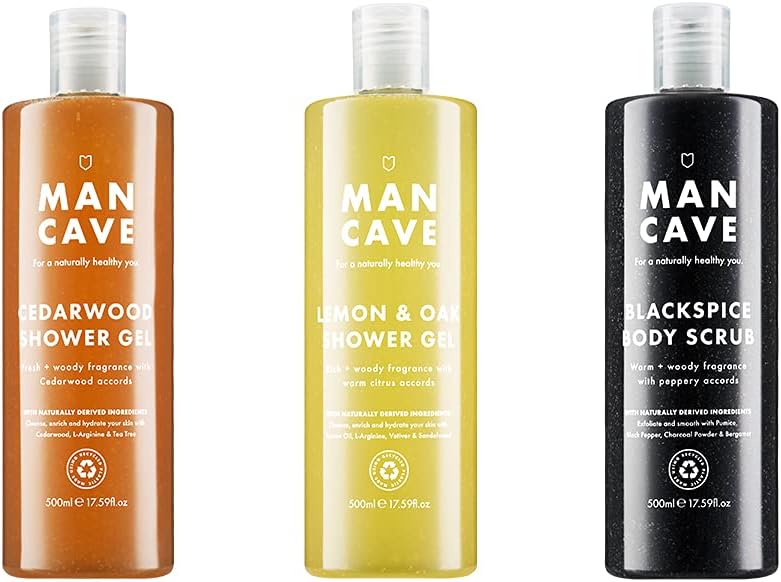 ManCave Shower Care Trio Cedarwood Shower Gel 500ml Lemon Oak Shower Gel 500ml BlackSpice Body Scrub 500ml