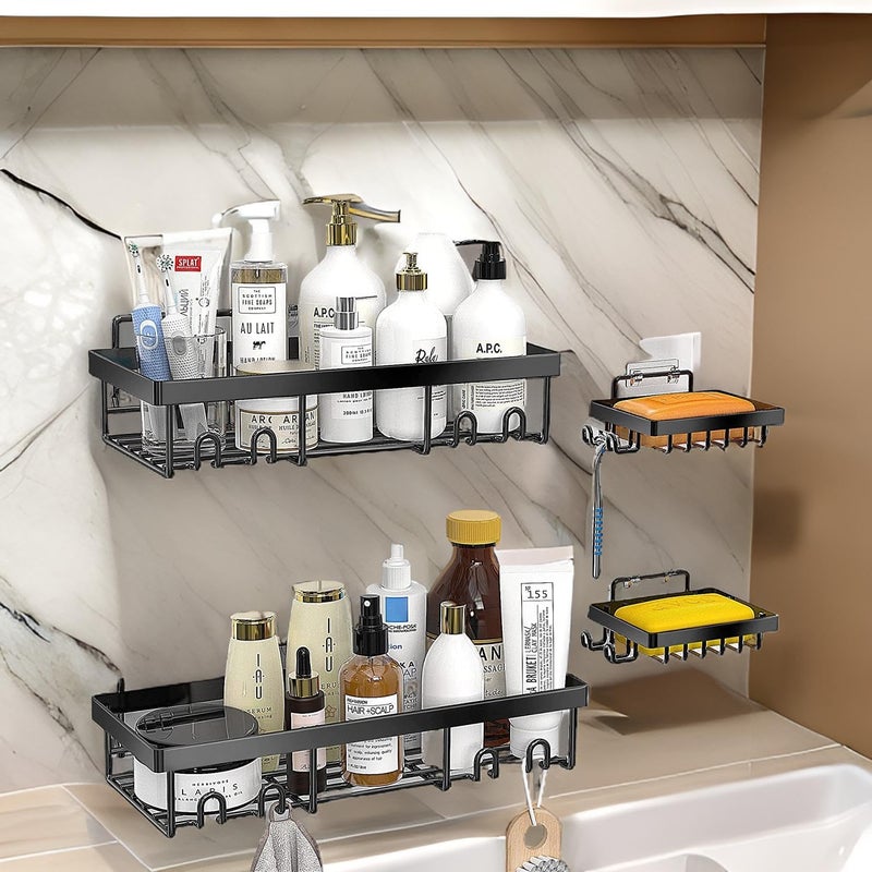 iSTAR Metal Self Adhesive Wall Mount Bathroom Rack Shelf Hanging Shelves with Hooks No Drilling Storage Racks Accessories Set for Home Rustproof 2 Bathroom Shelf 2 Soap Dishes with 4 Sticker - Image 1