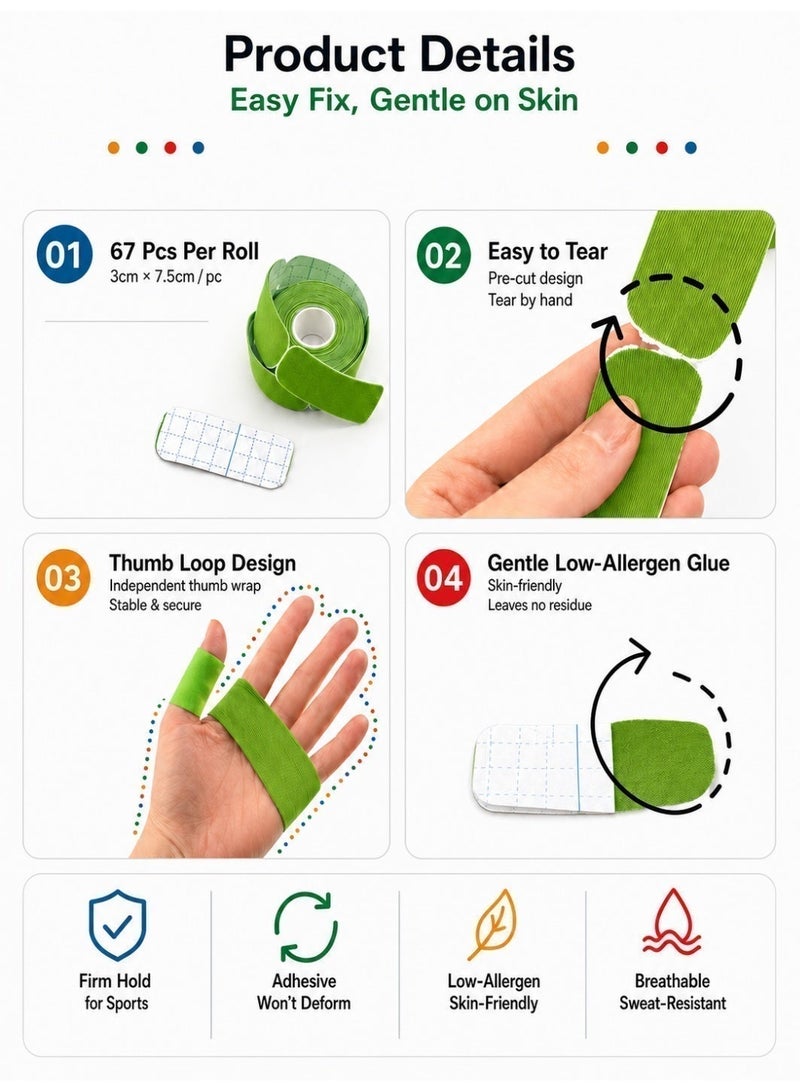 Munyee Hua Precut Finger Tape, 2 Rolls Self-Adhesive Kinesiology Tape, 134 Pre-Cut Strips 3 x 7.5 cm, Breathable Elastic Finger and Palm Protection Tape for Finger Joint Support, Padel, Climbing, Golf, Gym and Sports - Image 4