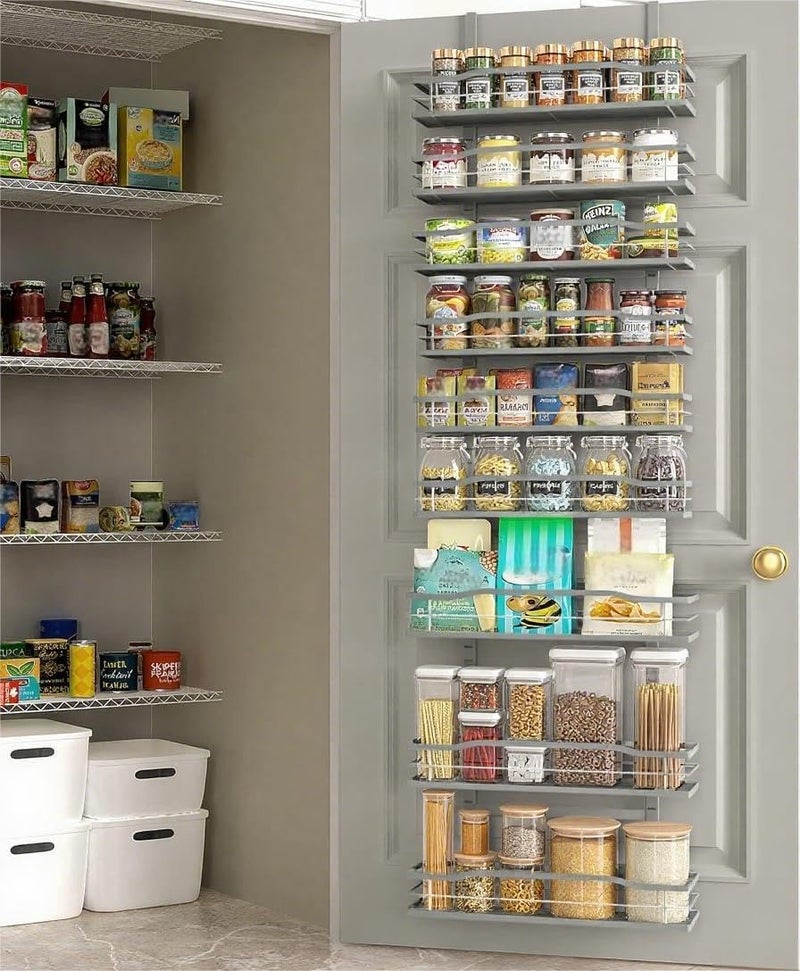 Moforoco Grey 9-Tier Over The Door Pantry Organizer, Pantry Organization and Storage, Black Hanging Basket Wall Spice Rack Seasoning Shelves - Image 1