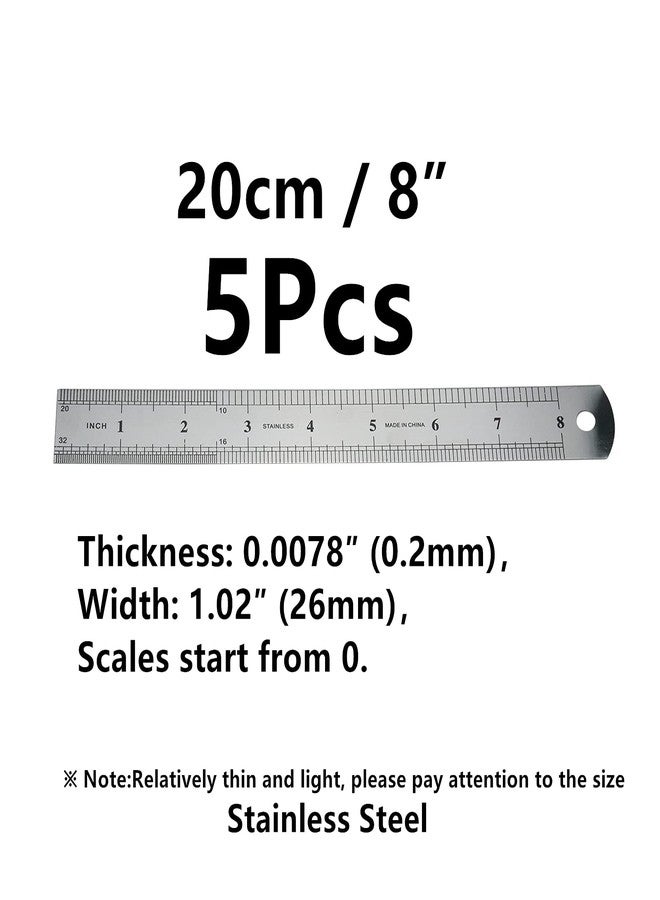 Tsnamay مسطرة من الفولاذ المقاوم للصدأ من تسنامي، 5 قطع، مقاس 8 بوصات، مسطرة تدرج بوصة/مترية، مسطرة معدنية مم، مقاس 20 سم - Image 2