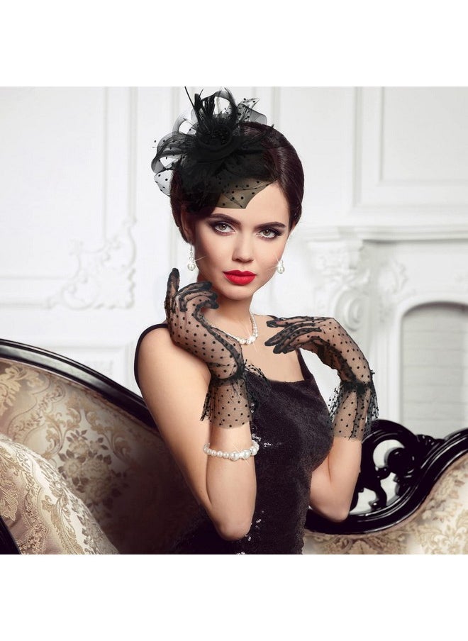 Bencailor - Fascinator Hat For Women Funeral Veil Hats Set Include Mesh Hats Lace Gloves Necklace Earring For Tea Party(Polka Dot Style) - Image 1