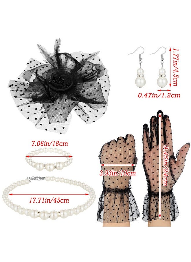 Bencailor - Fascinator Hat For Women Funeral Veil Hats Set Include Mesh Hats Lace Gloves Necklace Earring For Tea Party(Polka Dot Style) - Image 1