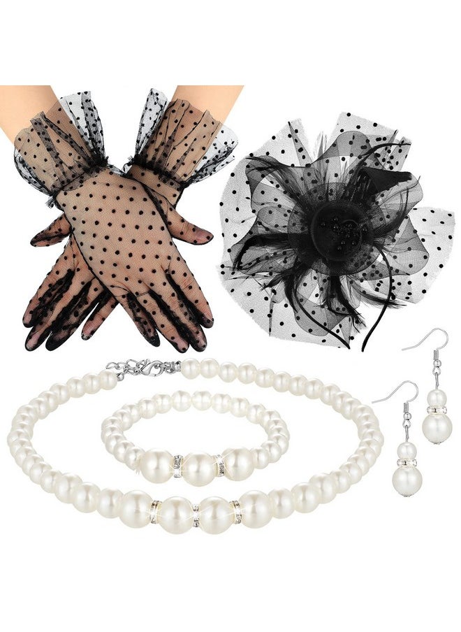 Bencailor - Fascinator Hat For Women Funeral Veil Hats Set Include Mesh Hats Lace Gloves Necklace Earring For Tea Party(Polka Dot Style) - Image 1
