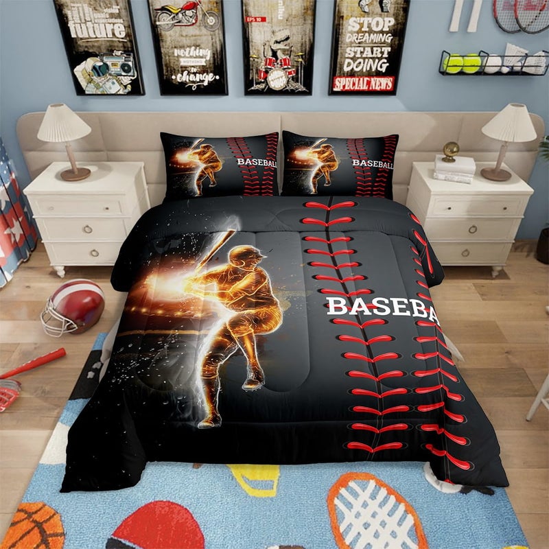 Erosebridal Erosebridal Baseball Bedding Set Golden Athlete Comforter Set Full Size Sports Games Down Comforter for Kids Boys Girls Bedroom Glitter Outer Space Duvet Insert for Living Room
