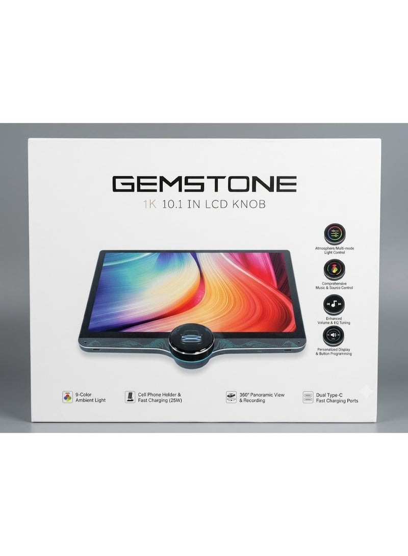 شاشة سيارة GEMSTONE مقاس 10.1 بوصة LCD، دقة 1280×720، ذاكرة 2GB RAM و32GB، تحكم بمقبض دوار، إضاءة محيطية 9 ألوان