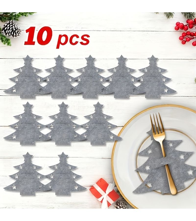 Grey Christmas Tree Felt Cutlery Set 10 Piece Holiday Napkin Holder - Image 5
