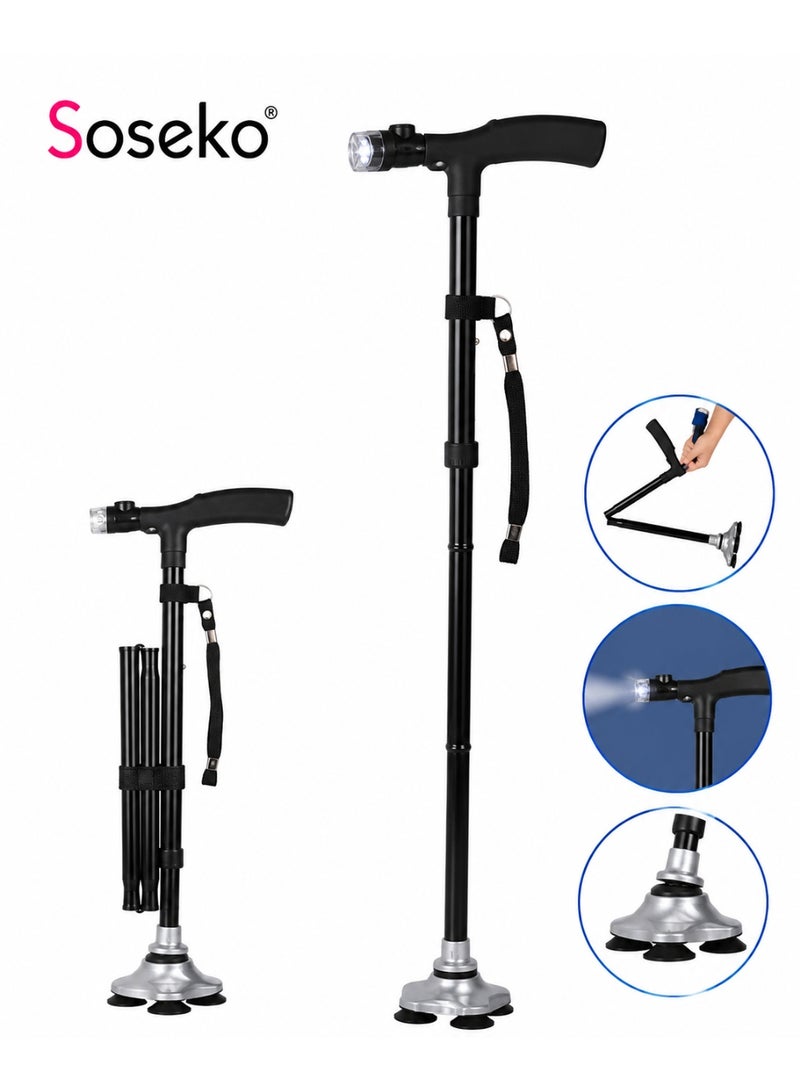 Soseko Folding Walking Cane with LED Light and Anti-Slip Base, Adjustable Mobility Support Stick - Image 1
