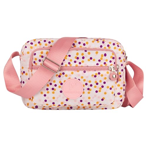 MISTYCDEP Crossbody Purse for Women, Nylon Waterproof Shoulder Purse, Messenger and travelling Bag Lightweight, Long Strap (Pink Doted) - Image 1