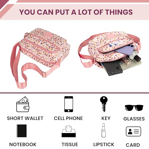 MISTYCDEP Crossbody Purse for Women, Nylon Waterproof Shoulder Purse, Messenger and travelling Bag Lightweight, Long Strap (Pink Doted) - Image 4