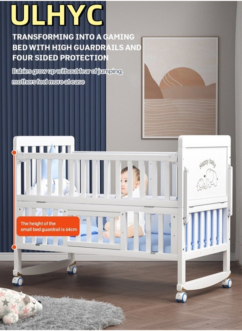 ULHYC - 4 in 1 Height Adjustable Wooden Mobile Crib, Multifunctional Cradle, Playpen, Newborn Sleeping Crib, Easy to Assemble, Comes with Mattress, Four-piece Bedding Set, Mosquito Net (106CM * 60CM * 89CM) - Image 1