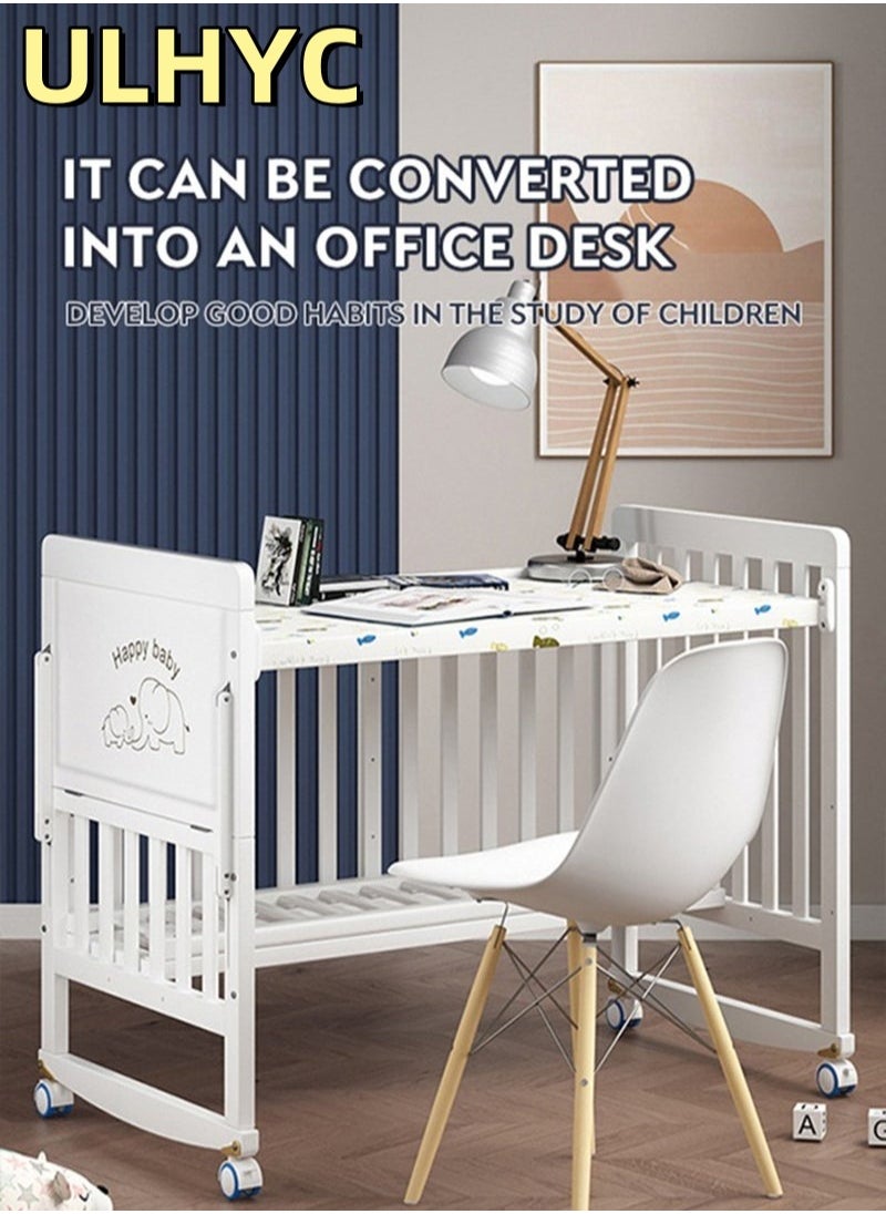 ULHYC - 4 in 1 Height Adjustable Wooden Mobile Crib, Multifunctional Cradle, Playpen, Newborn Sleeping Crib, Easy to Assemble, Comes with Mattress, Four-piece Bedding Set, Mosquito Net (106CM * 60CM * 89CM) - Image 1