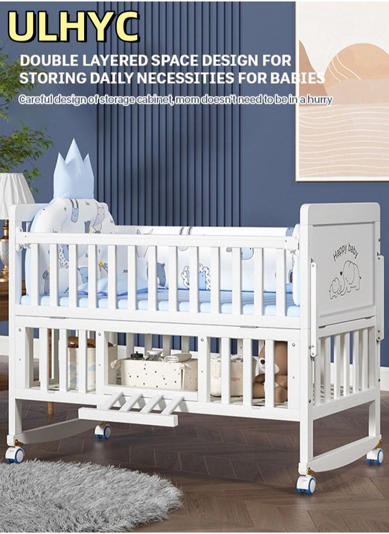 ULHYC - 4 in 1 Height Adjustable Wooden Mobile Crib, Multifunctional Cradle, Playpen, Newborn Sleeping Crib, Easy to Assemble, Comes with Mattress, Four-piece Bedding Set, Mosquito Net (106CM * 60CM * 89CM) - Image 1