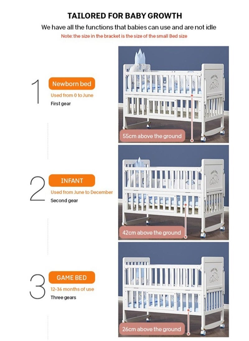 ULHYC - 4 in 1 Height Adjustable Wooden Mobile Crib, Multifunctional Cradle, Playpen, Newborn Sleeping Crib, Easy to Assemble, Comes with Mattress, Four-piece Bedding Set, Mosquito Net (106CM * 60CM * 89CM) - Image 1