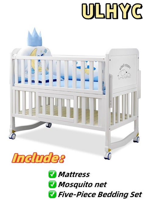 4 in 1 Height Adjustable Wooden Mobile Crib, Multifunctional Cradle, Playpen, Newborn Sleeping Crib, Easy to Assemble, Comes with Mattress, Four-piece Bedding Set, Mosquito Net (106CM * 60CM * 89CM)