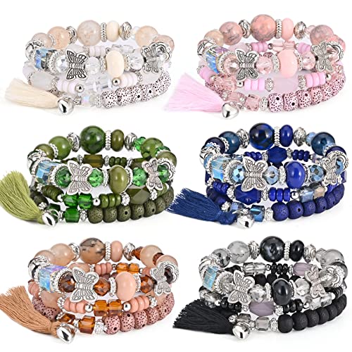 VONRU Bohemian Bracelet Sets for Women - 6 Sets Stackable Stretch Bracelets Multi-color Boho Jewelry for Women Hippie Bracelets Dainty Jewelry Best Friend Gift (Butterfly Stretch Bracelets Set) - Image 1