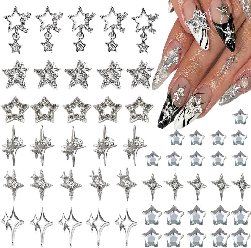 55pcs Y2K Star Nail Charms - 3D Nail Art Charms, Silver Star Rhinestones for Women & Girls (9 Styles)