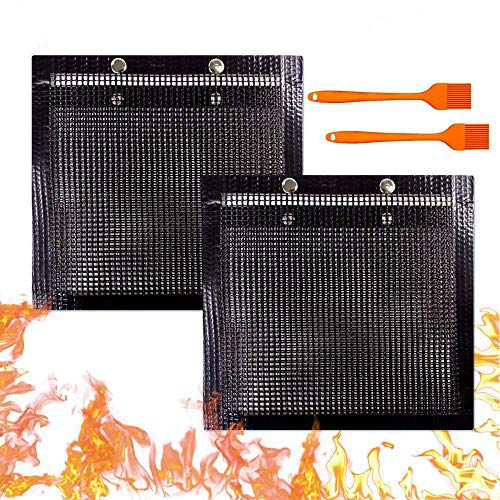 YBB 2 Pcs BBQ Grill Mesh Bag with 2 Pcs Silicone Brush, Non-Stick Large BBQ Baked Grilling PTFE Bag Heat-Resistant Reusable Easy to Clean Mesh Backing Bag for Outdoor Picnic Cooking Barbecue Father's Day Gift - Image 1