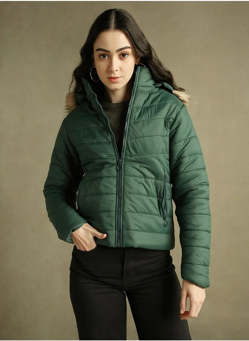 Dennis Lingo Women's Dark Green 100% Polyester Solid Regular Fit Jacket