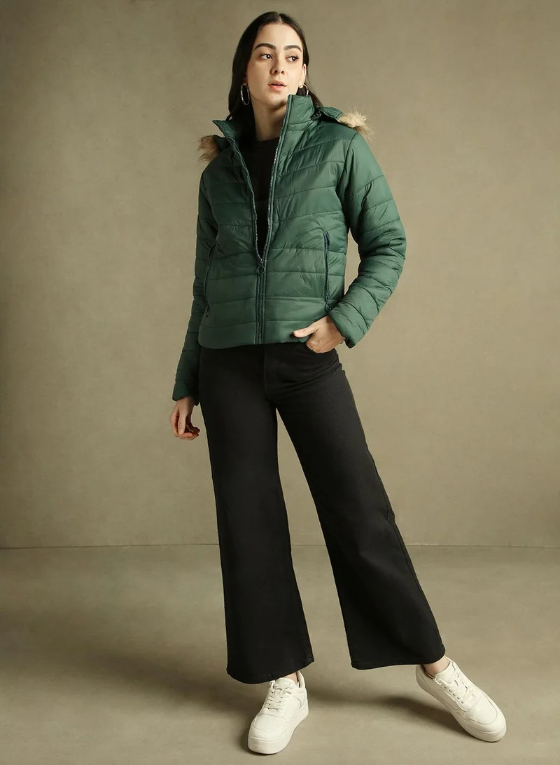 Dennis Lingo Women's Dark Green 100% Polyester Solid Regular Fit Jacket