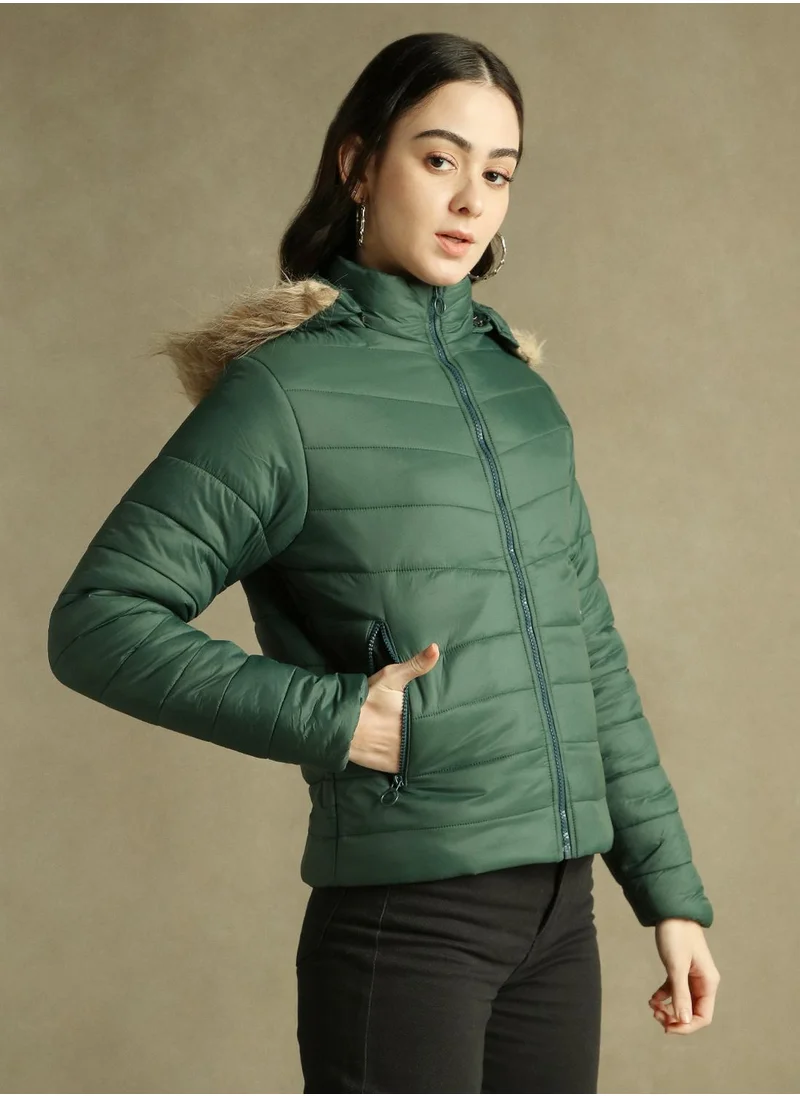Dennis Lingo Women's Dark Green 100% Polyester Solid Regular Fit Jacket