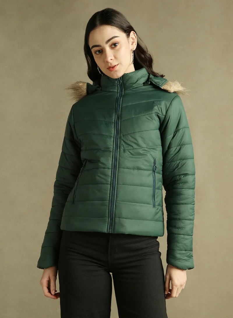 Dennis Lingo Women's Dark Green 100% Polyester Solid Regular Fit Jacket