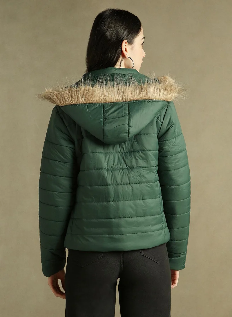 Dennis Lingo Women's Dark Green 100% Polyester Solid Regular Fit Jacket