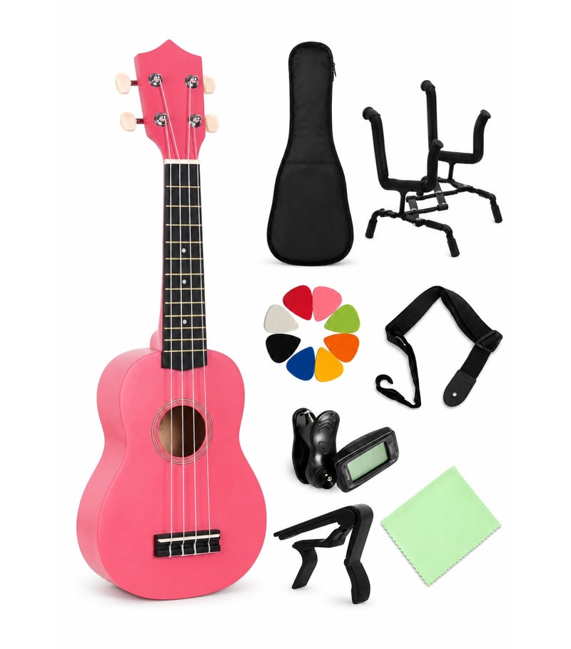 Megarya Pink Ukulele 4-String Starter Kit with Gig Bag, Folding Stand, Clip-On Tuner, Capo, Strap, 8 Picks & Cleaning Cloth, Beginner Ukulele Set for Learning & Practice