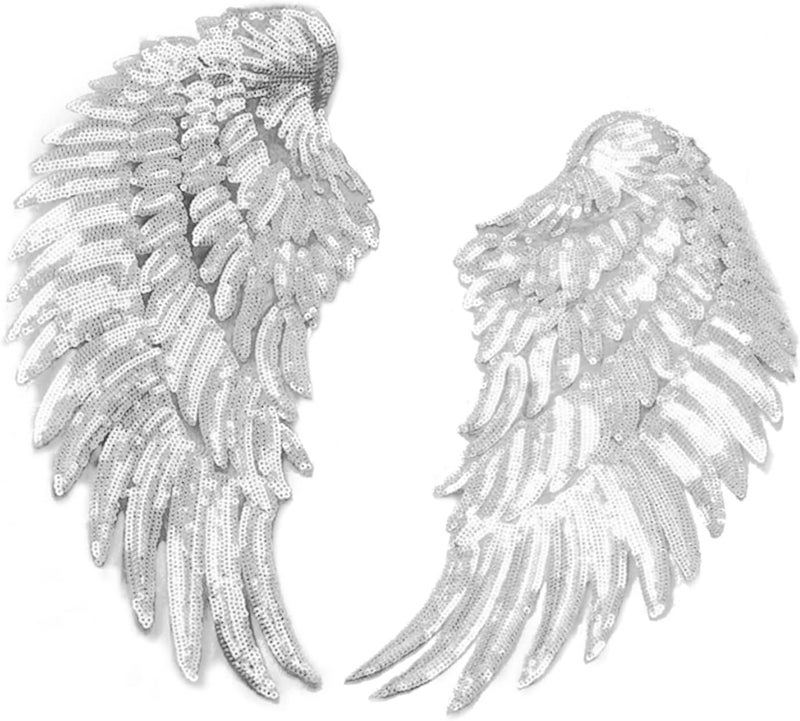 Keenso Exquisite Angel Wings Sequin Patches for DIY Clothes Skirt Bag Shoes Idea for Ladies Kids 2 Pieces Silver Iron On Embroidered Patches Multipurpose Decoration - Image 1