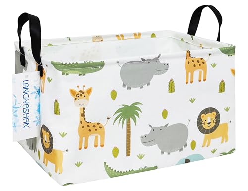 LANGYASHAN Rectangular Storage Bin Collapse Canvas Fabric Cartoon Storage Basket with Handles for Organizing Home Kitchen Boys and Girls Toys Office Closet Shelf Baskets Rec animal - Image 1