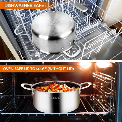 DELARLO Tri-Ply Stainless Steel Stock Pot, 5QT Non Stick Pots, Induction Ready, Cooking Pots with Lids, Stockpot 600℉ Oven Safe, 18/8 Food Grade Cookware, Soup Pot, Energy Saving, Lids 350℉ - Image 5
